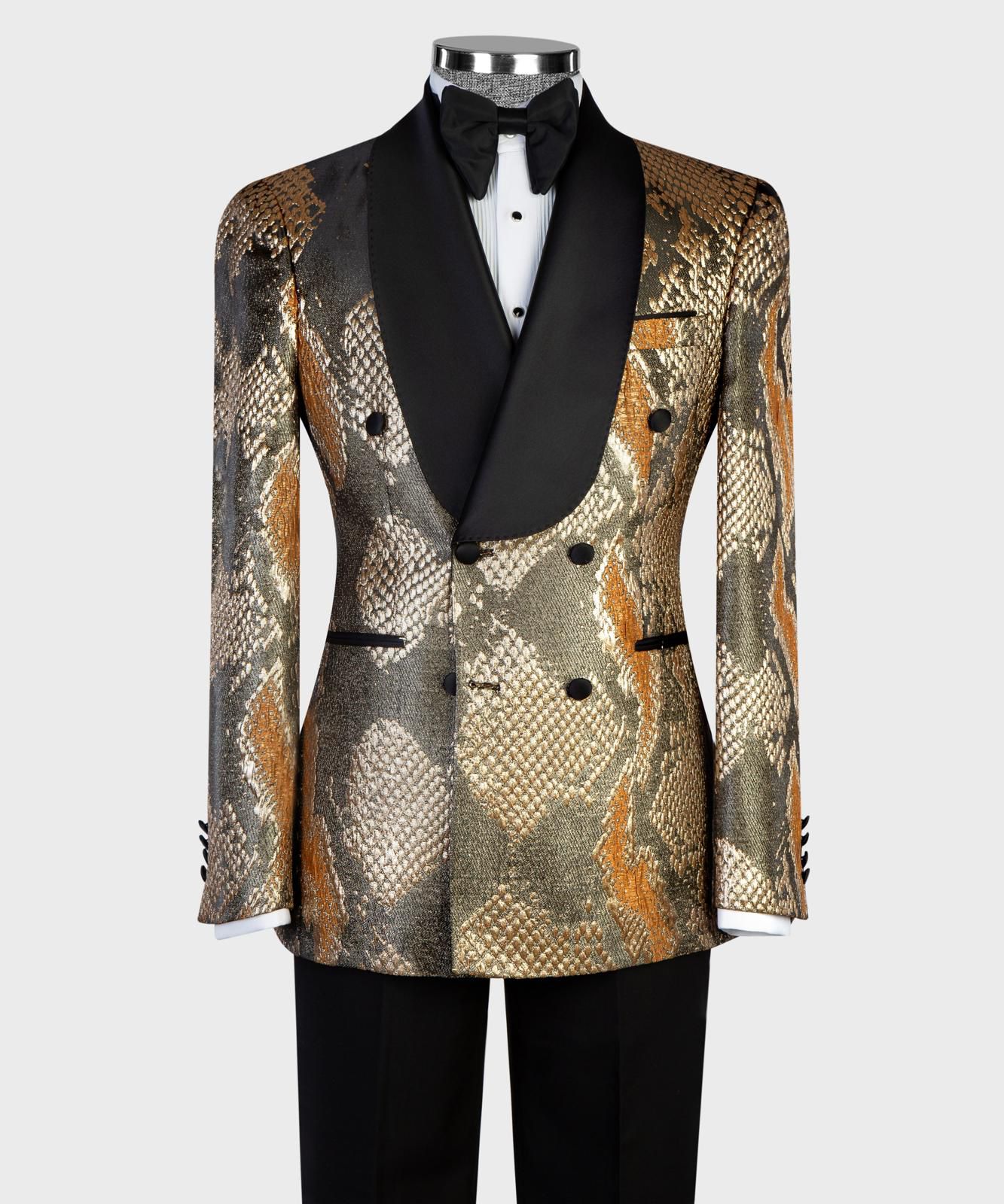 VIVATI Python Gold Double-Breasted Shawl Lapel Tuxedo Set