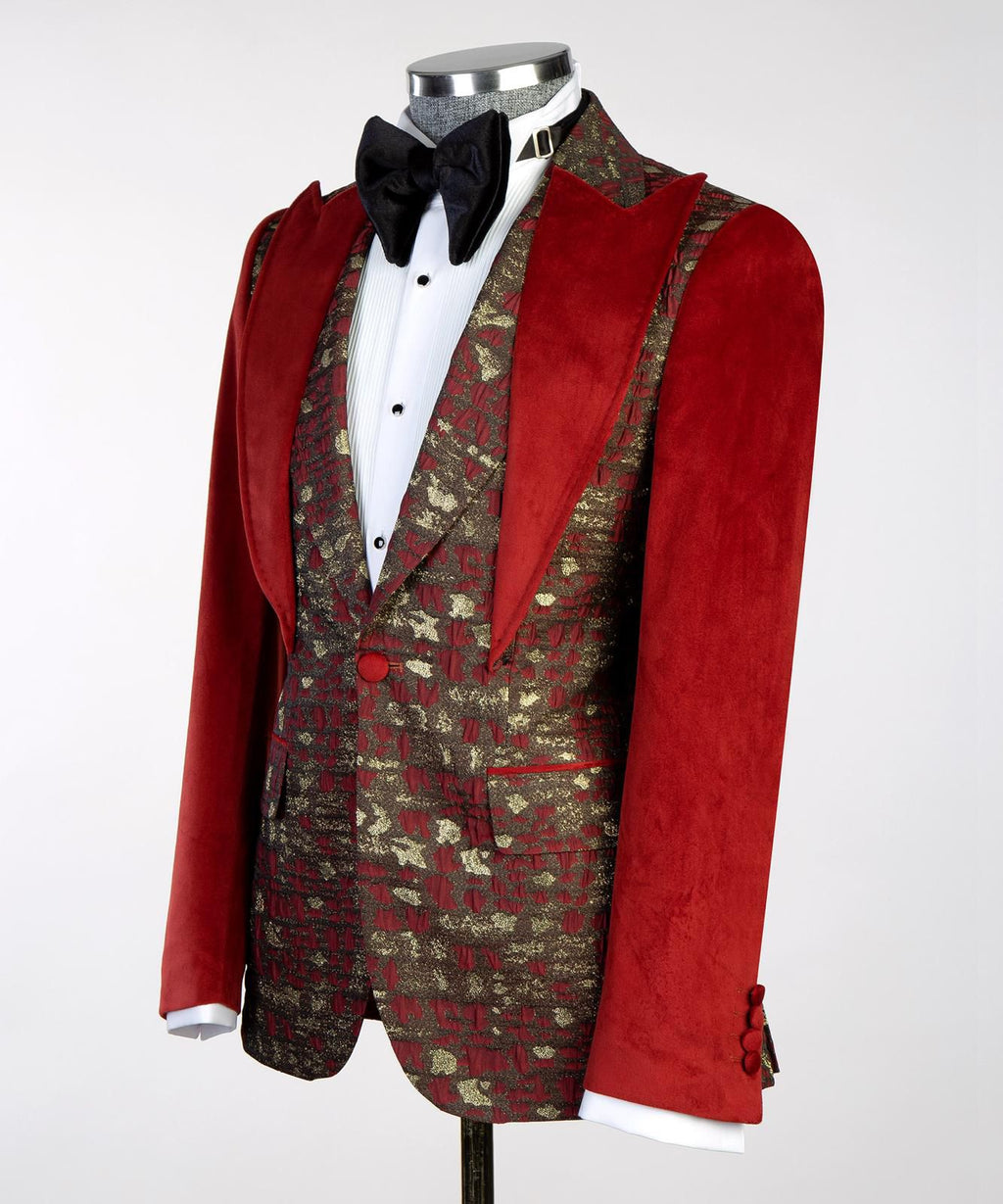 Imperial Crimson Brocade Velvet Tuxedo
