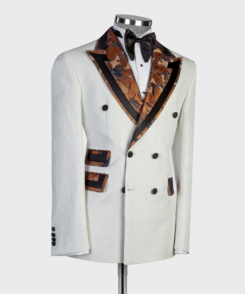 Ivory Royal Brocade Tuxedo – Black & Bronze Statement Suit
