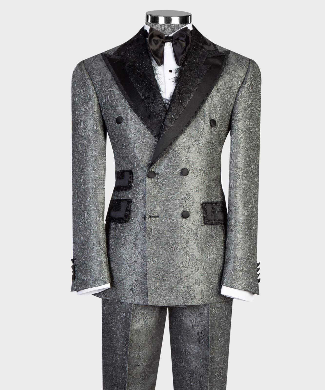 Men’s Luxury Brocade Double-Breasted Tuxedo Suit with Matching Trousers | VIVATI