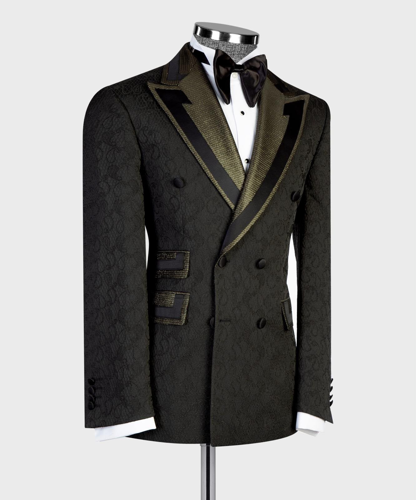 VIVATI Noir Royale Gold-Trimmed Jacquard Tuxedo Suit