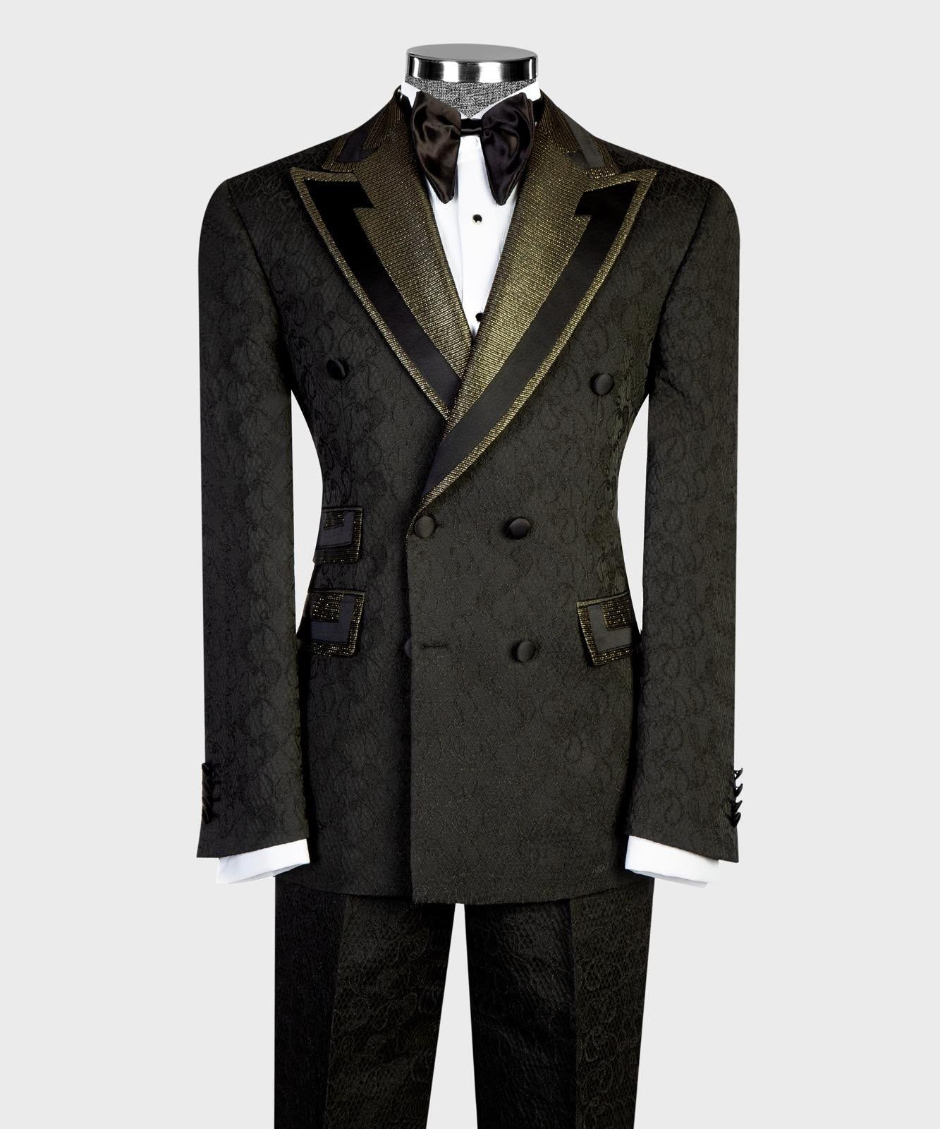 VIVATI Noir Royale Gold-Trimmed Jacquard Tuxedo Suit
