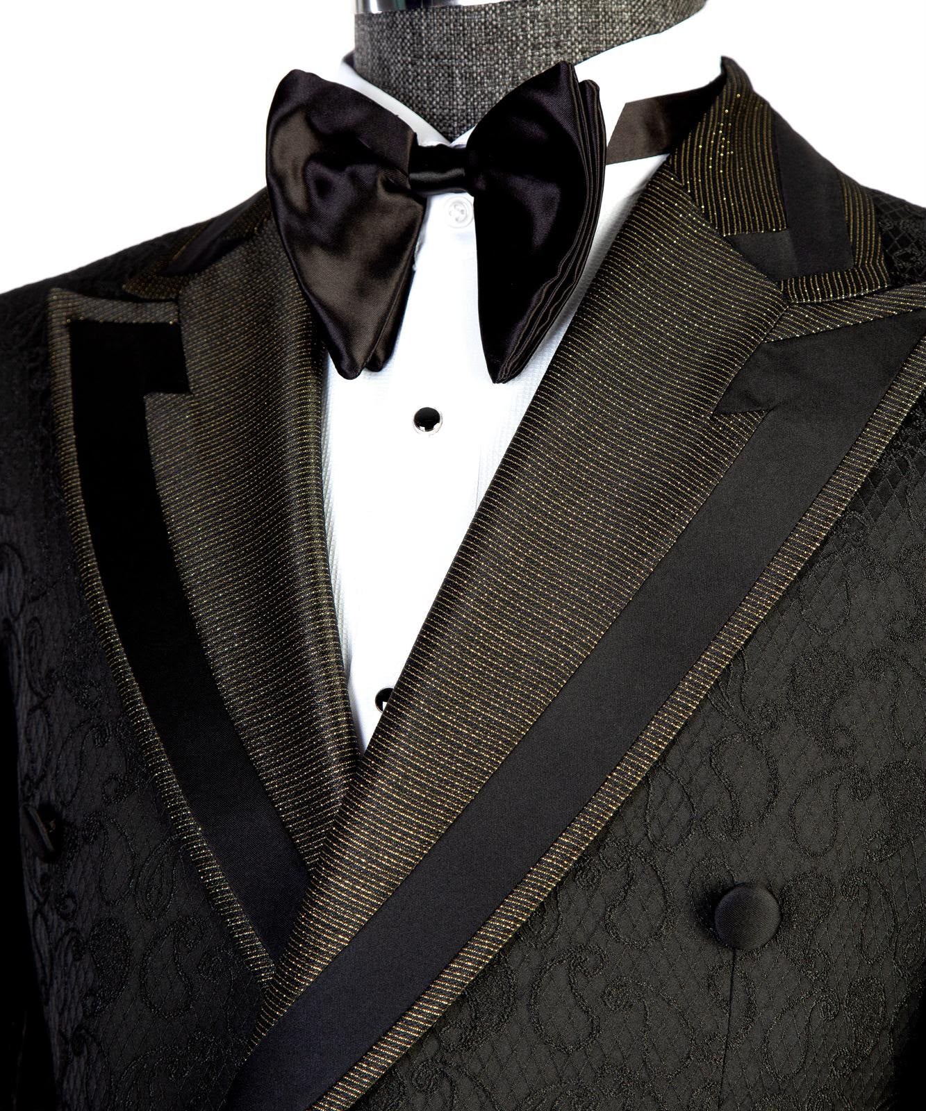 VIVATI Noir Royale Gold-Trimmed Jacquard Tuxedo Suit
