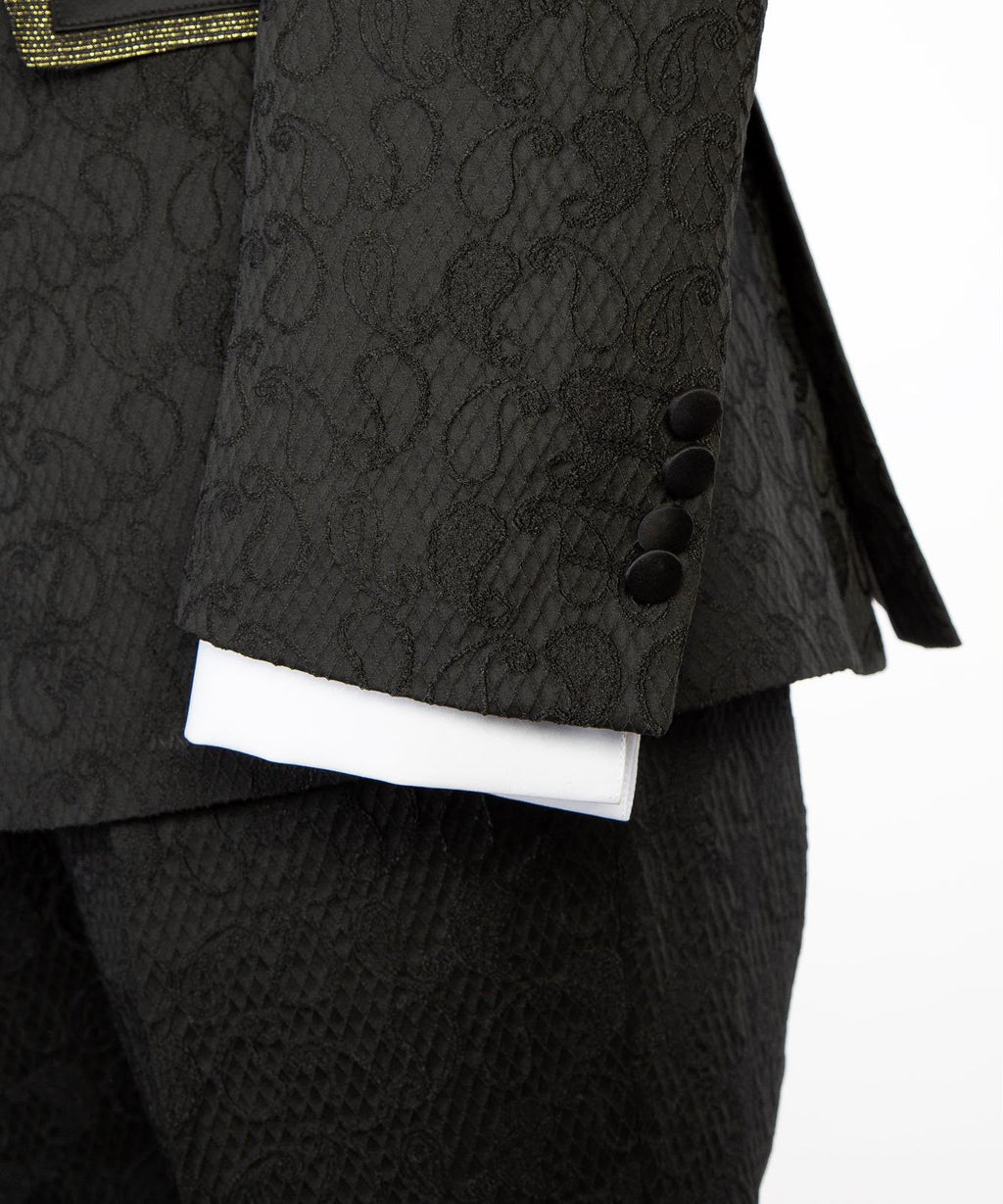 VIVATI Noir Royale Gold-Trimmed Jacquard Tuxedo Suit
