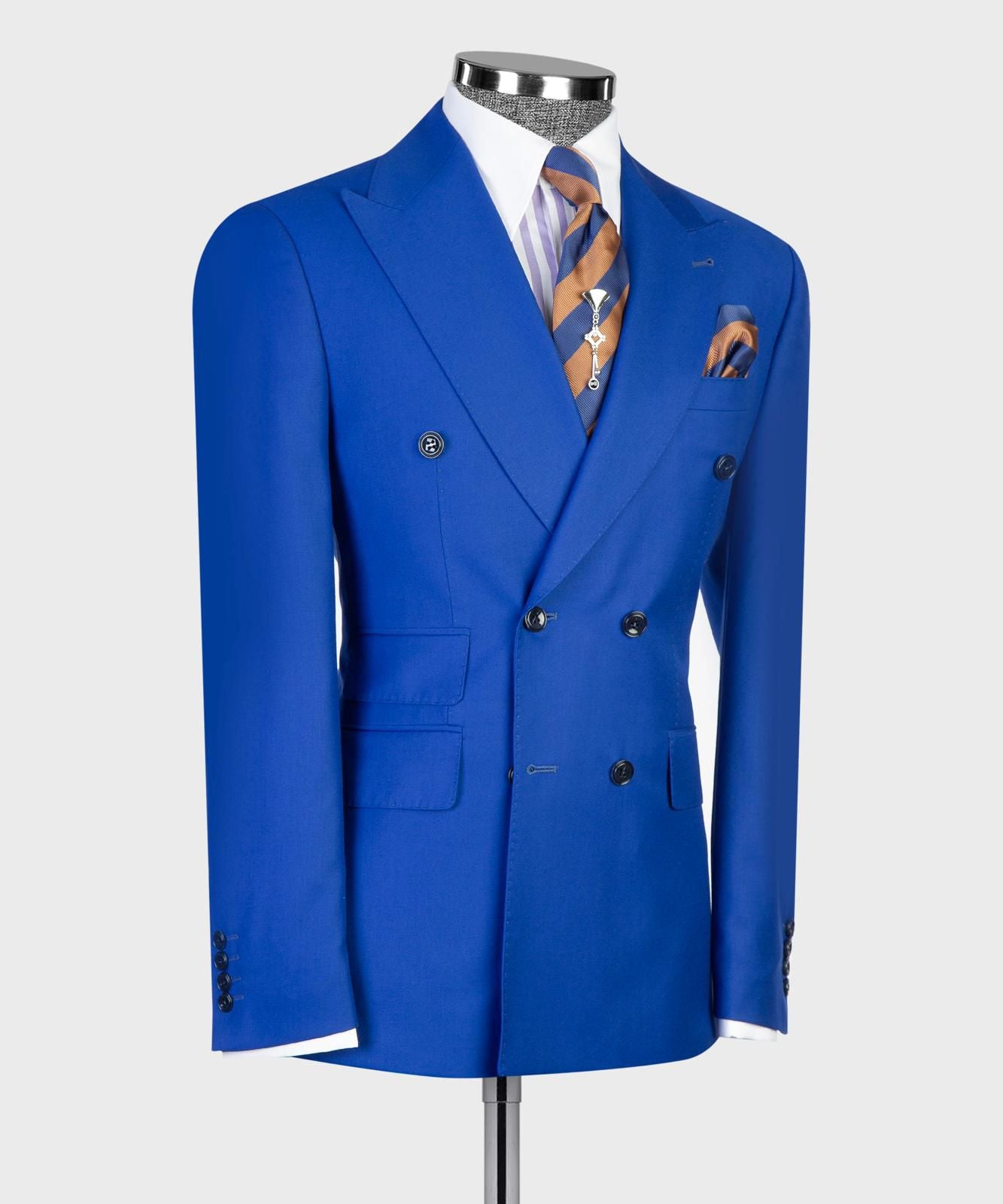 Men’s Double-Breasted Formal Suit Set – Blazer, Trousers, Tie & Pocket Square