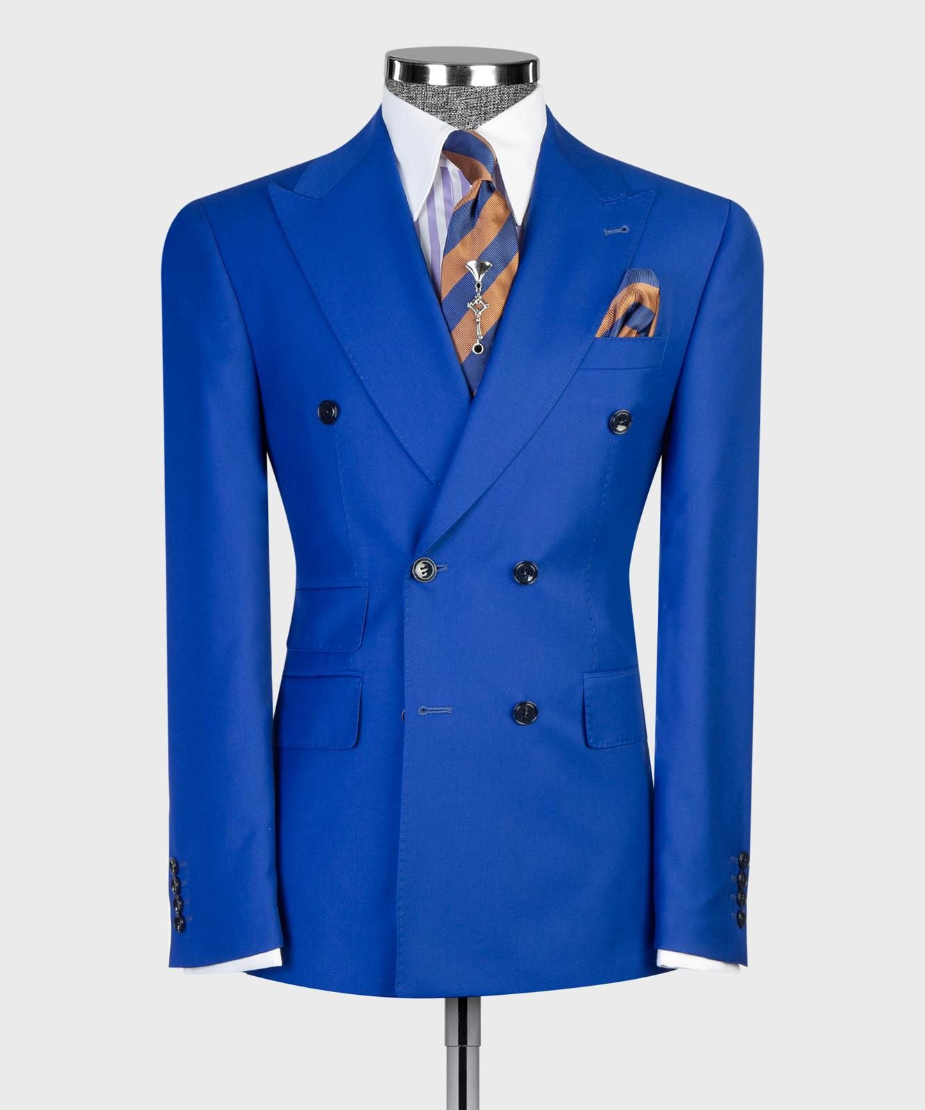Men’s Double-Breasted Formal Suit Set – Blazer, Trousers, Tie & Pocket Square