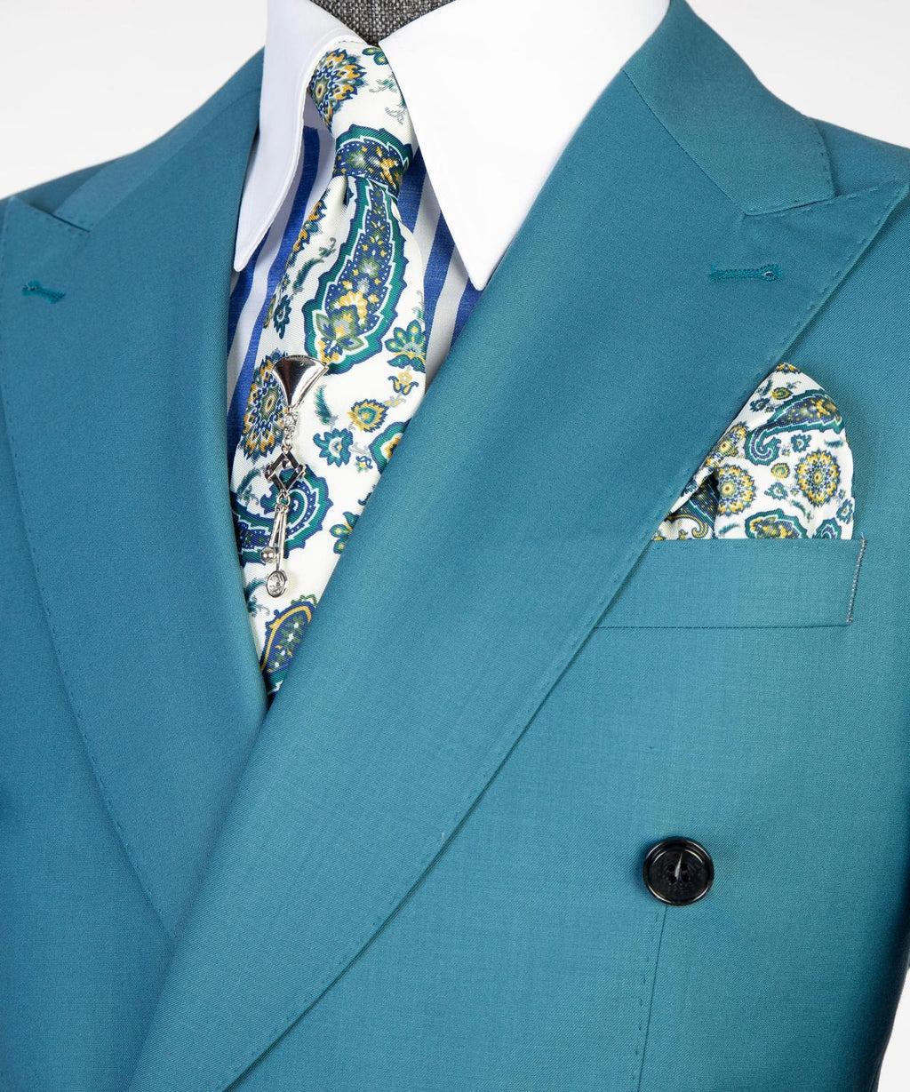 Men’s Double-Breasted Formal Suit Set – Blazer, Trousers, Tie & Pocket Square