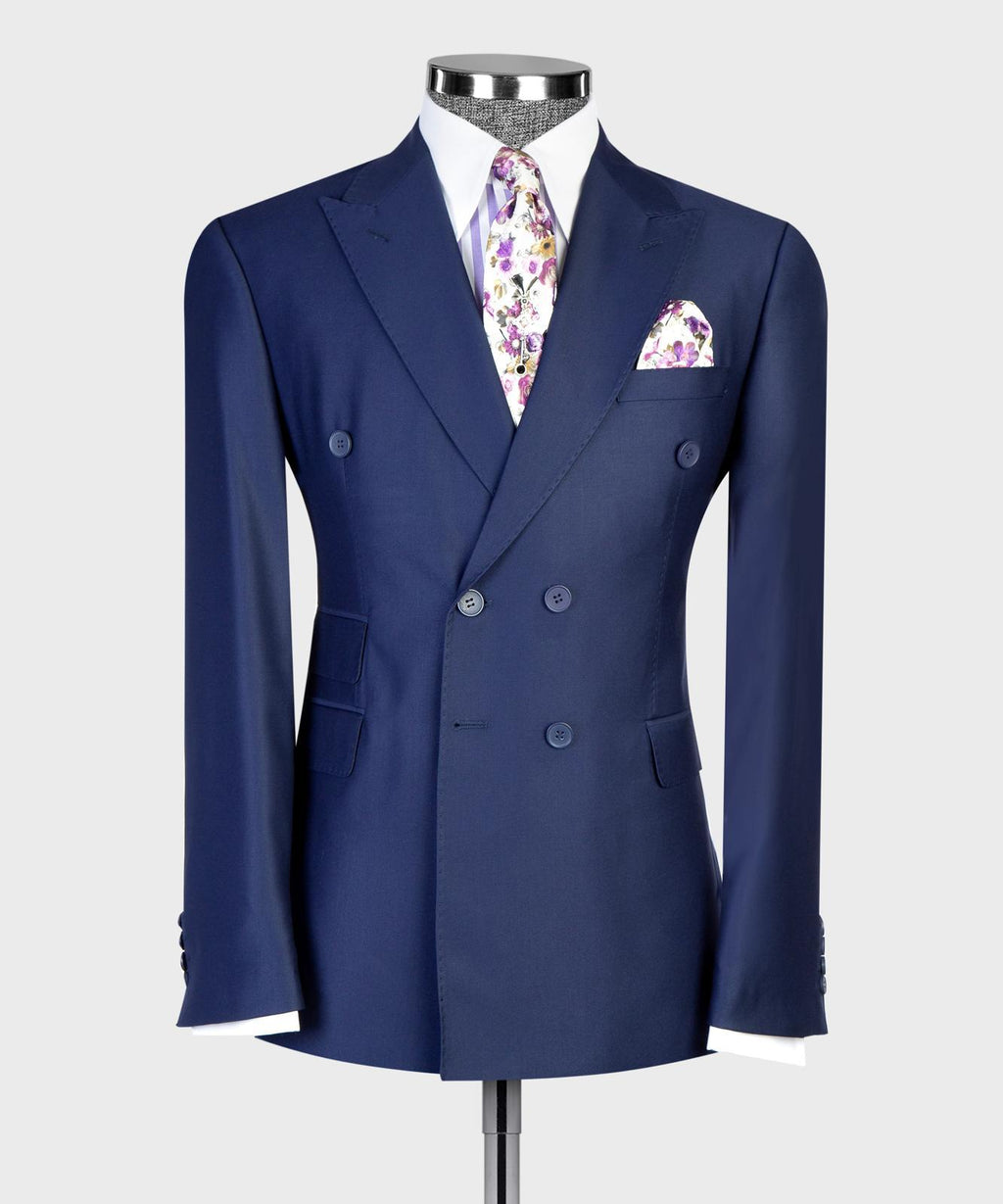 Men’s Double-Breasted Formal Suit Set – Blazer, Trousers, Tie & Pocket Square