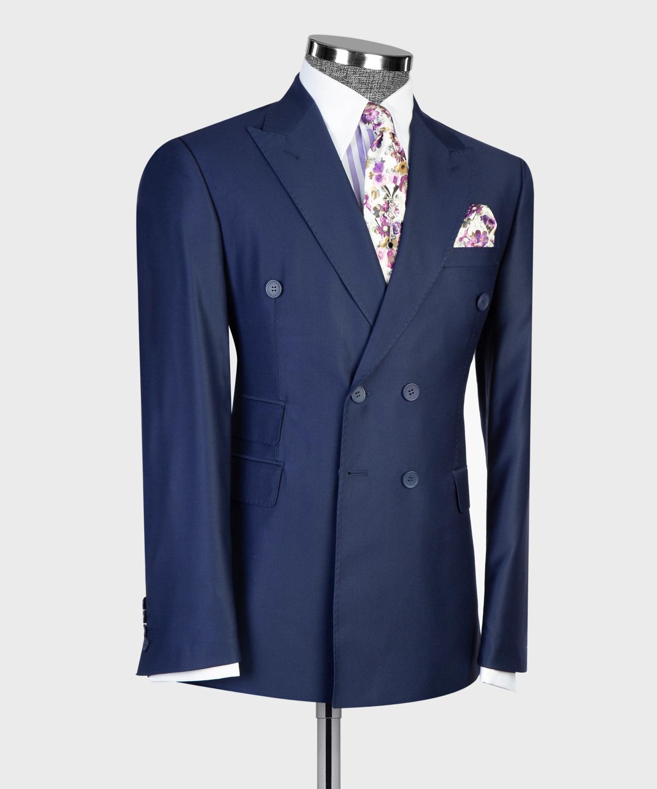 Men’s Double-Breasted Formal Suit Set – Blazer, Trousers, Tie & Pocket Square