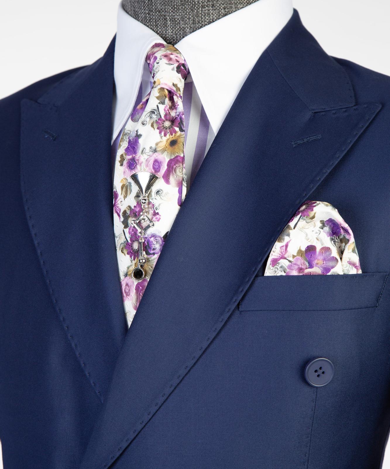 Men’s Double-Breasted Formal Suit Set – Blazer, Trousers, Tie & Pocket Square