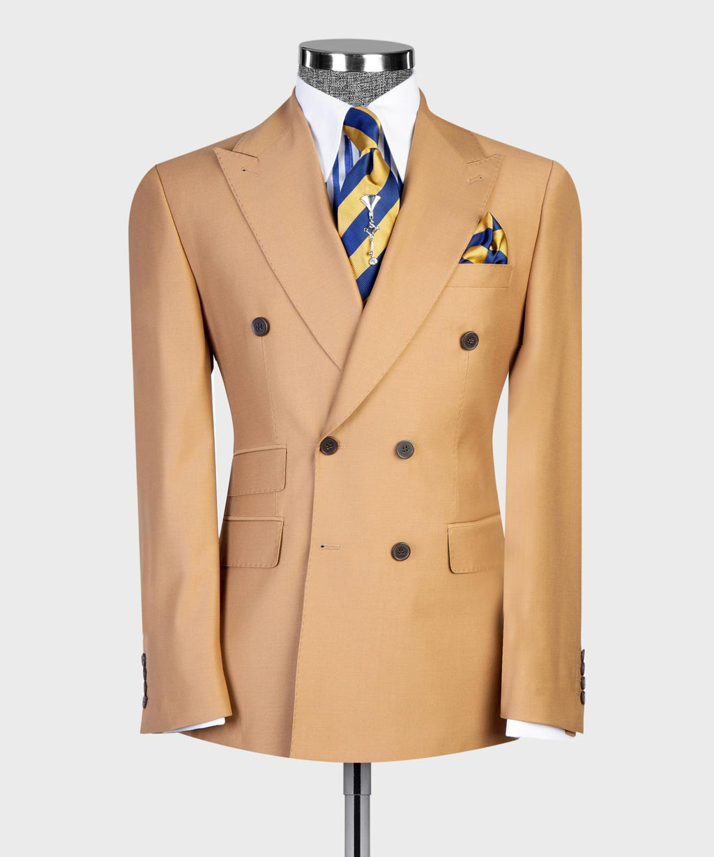 Men’s Double-Breasted Formal Suit Set – Blazer, Trousers, Tie & Pocket Square