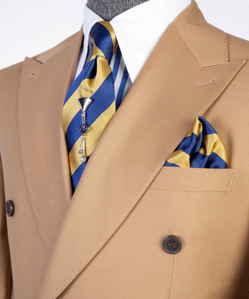 Men’s Double-Breasted Formal Suit Set – Blazer, Trousers, Tie & Pocket Square