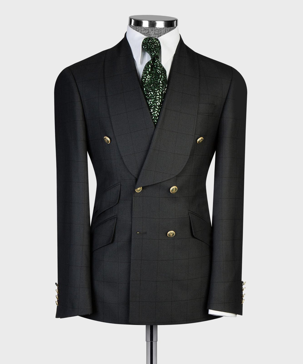 Men’s Luxury Double-Breasted Checkered Suit – Blazer & Trousers with Matching Tie