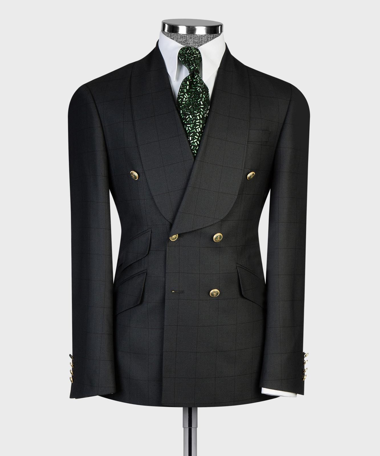 Men’s Luxury Double-Breasted Checkered Suit – Blazer & Trousers with Matching Tie