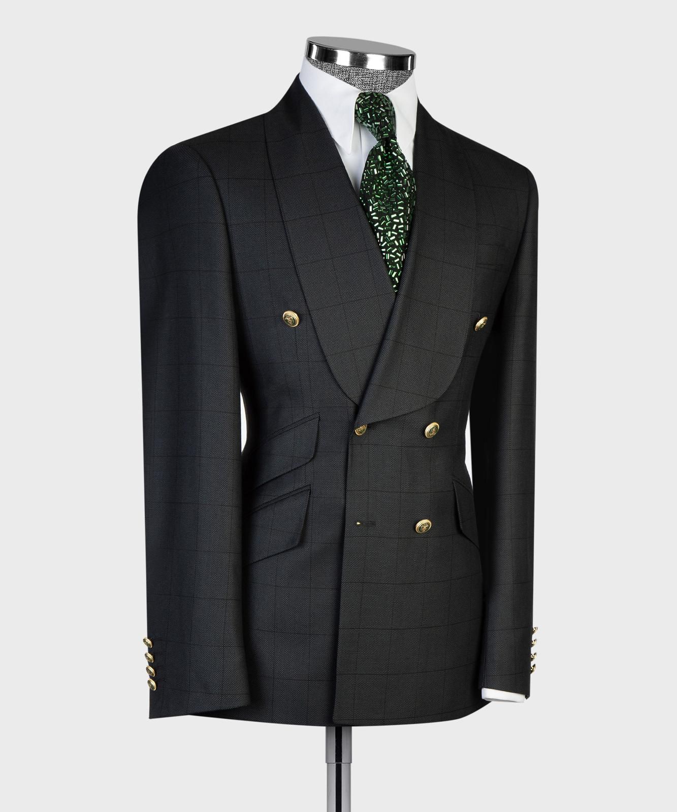 Men’s Luxury Double-Breasted Checkered Suit – Blazer & Trousers with Matching Tie