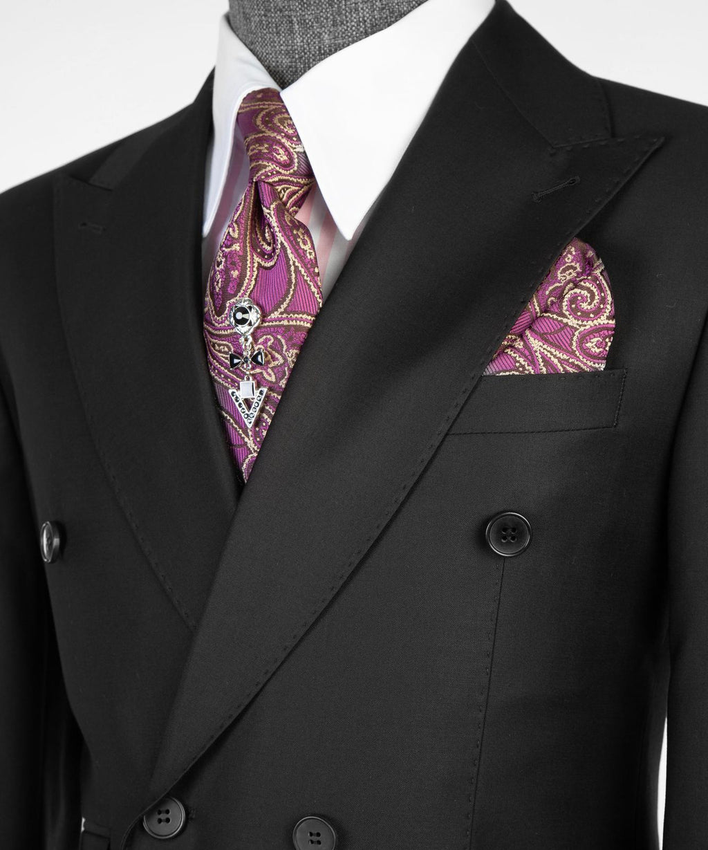 Men’s Double-Breasted Formal Suit Set – Blazer, Trousers, Tie & Pocket Square