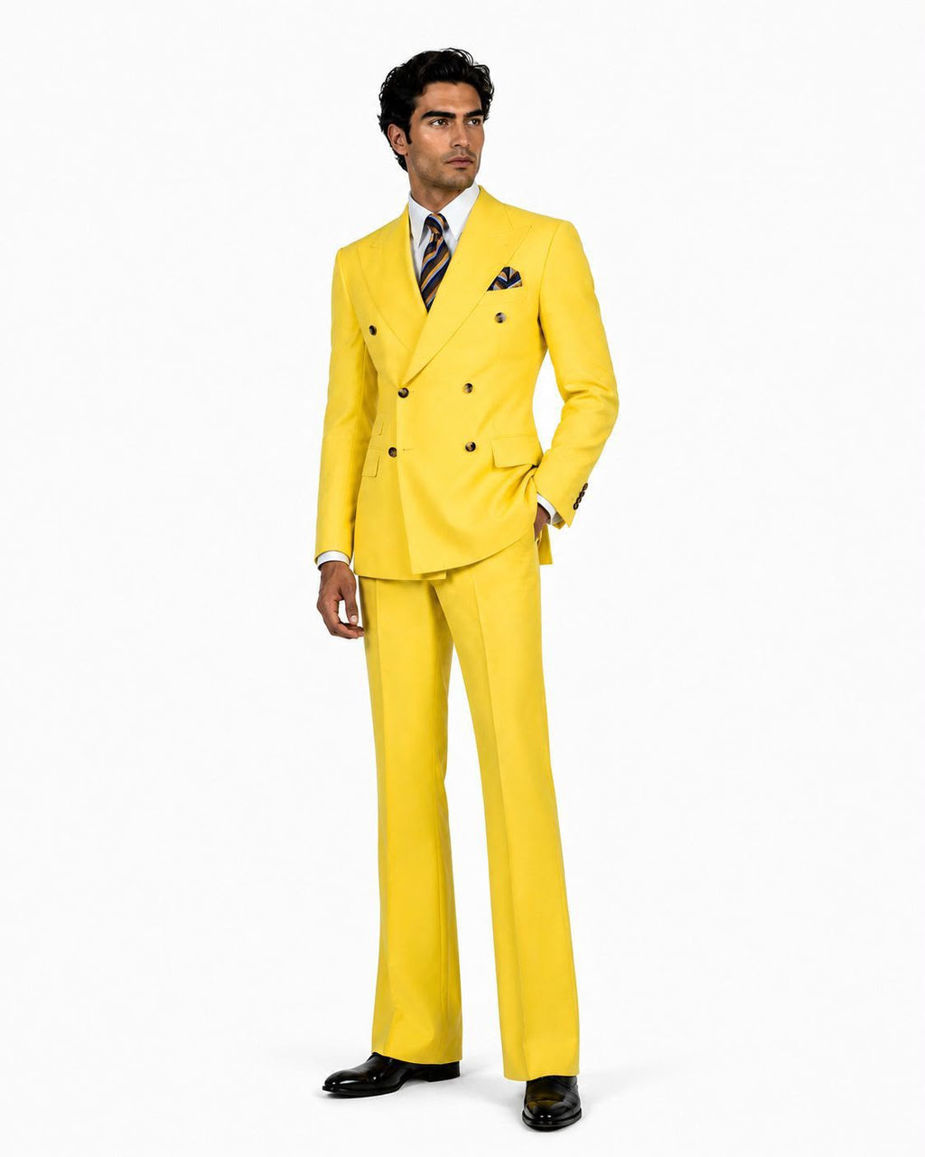 Men’s Luxury Double-Breasted Flared Suit Set – Blazer, Trousers, Tie & Pocket Square