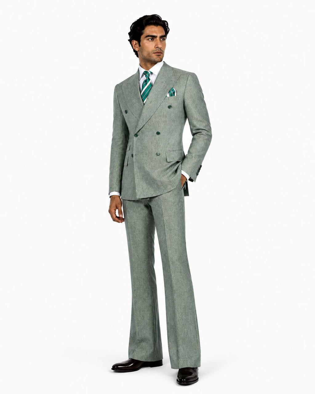 Men’s Luxury Double-Breasted Flared Suit Set – Blazer, Trousers, Tie & Pocket Square