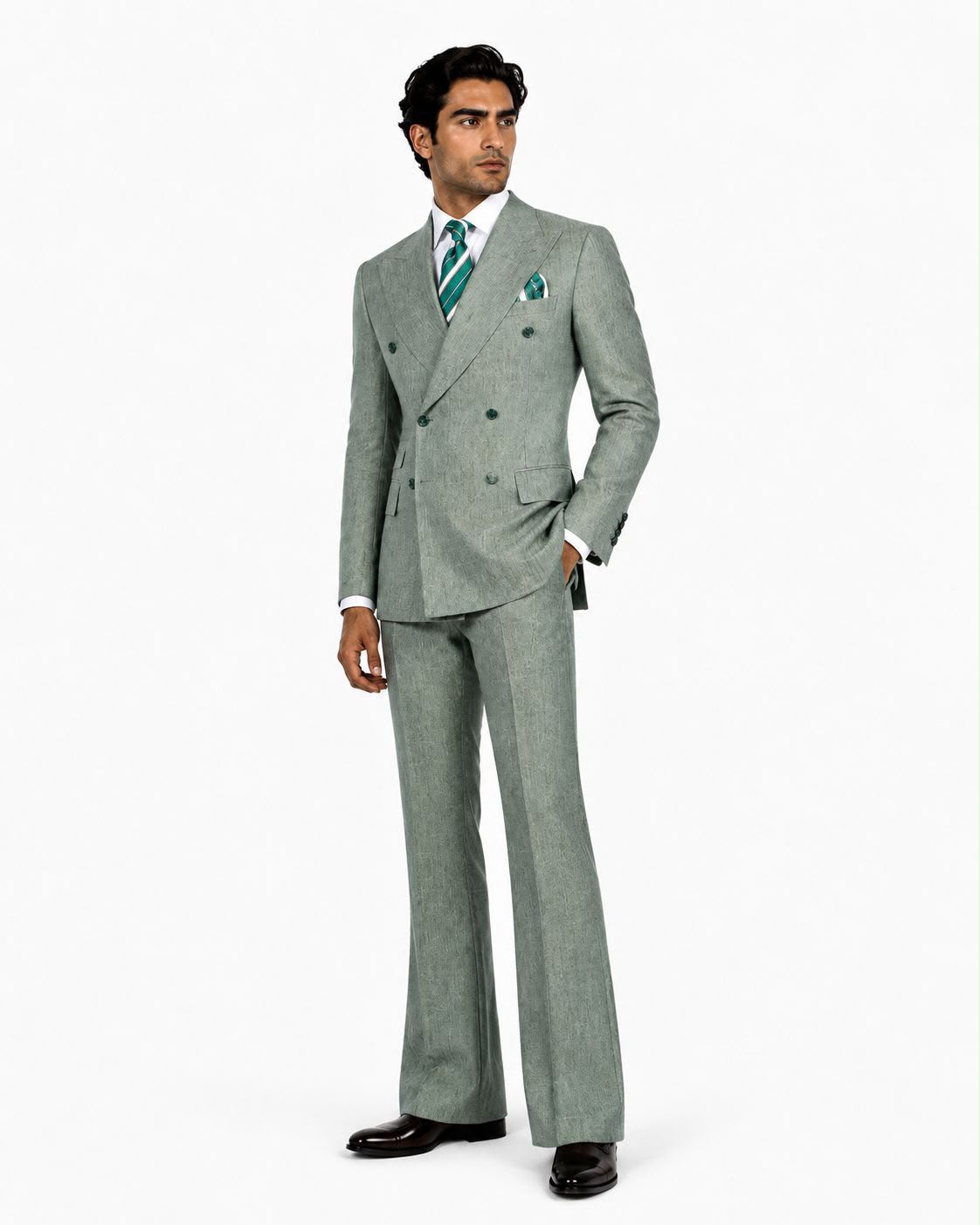 Men’s Luxury Double-Breasted Flared Suit Set – Blazer, Trousers, Tie & Pocket Square