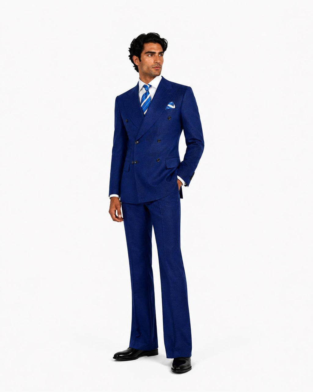 Men’s Luxury Double-Breasted Flared Suit Set – Blazer, Trousers, Tie & Pocket Square