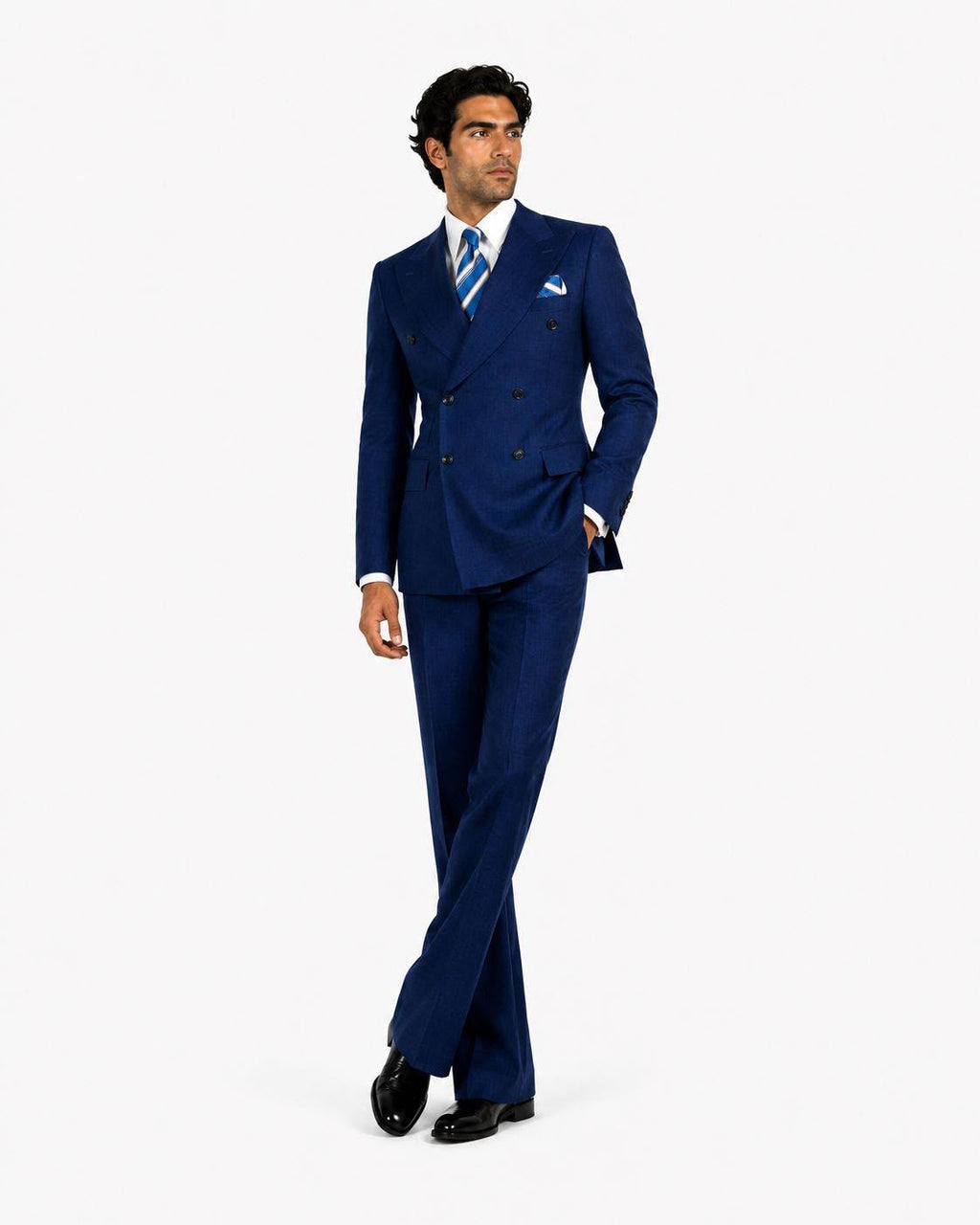 Men’s Luxury Double-Breasted Flared Suit Set – Blazer, Trousers, Tie & Pocket Square