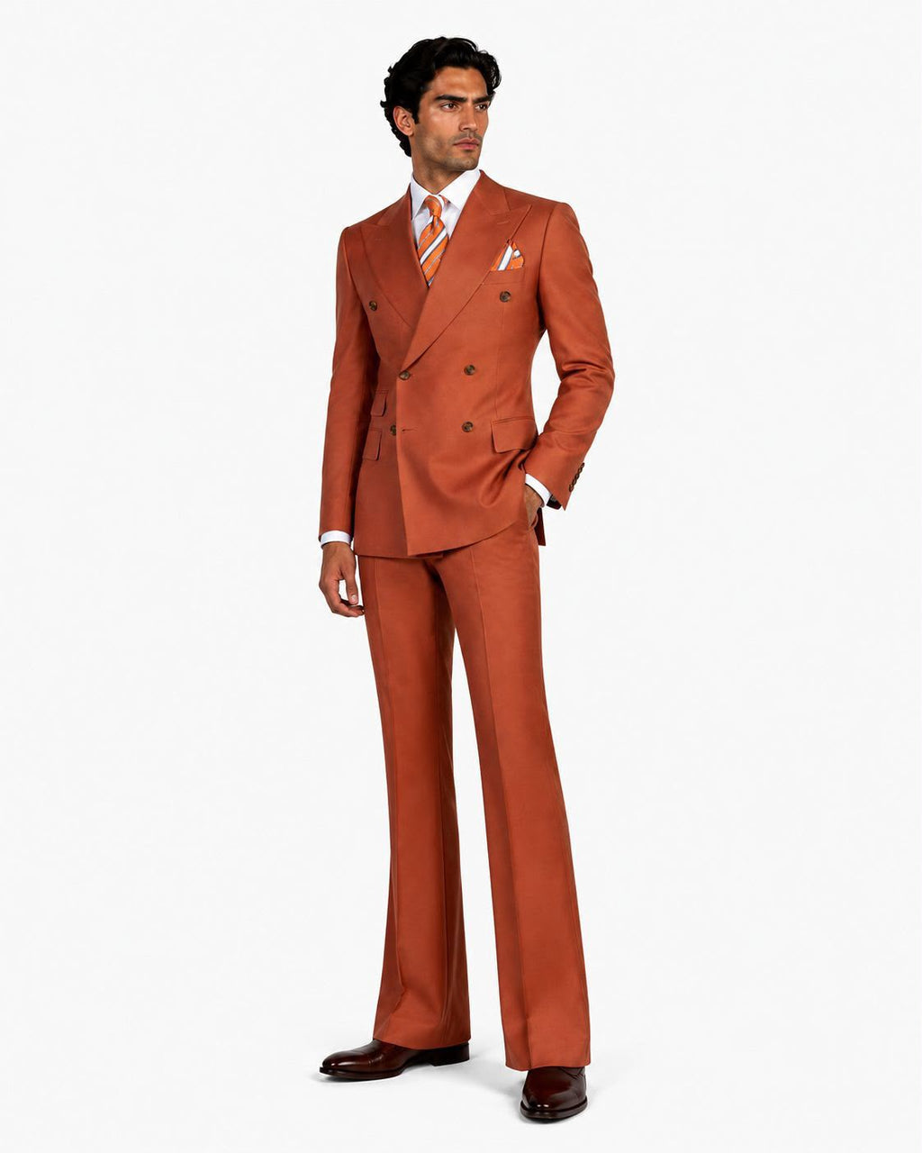Men’s Luxury Double-Breasted Flared Suit Set – Blazer, Trousers, Tie & Pocket Square