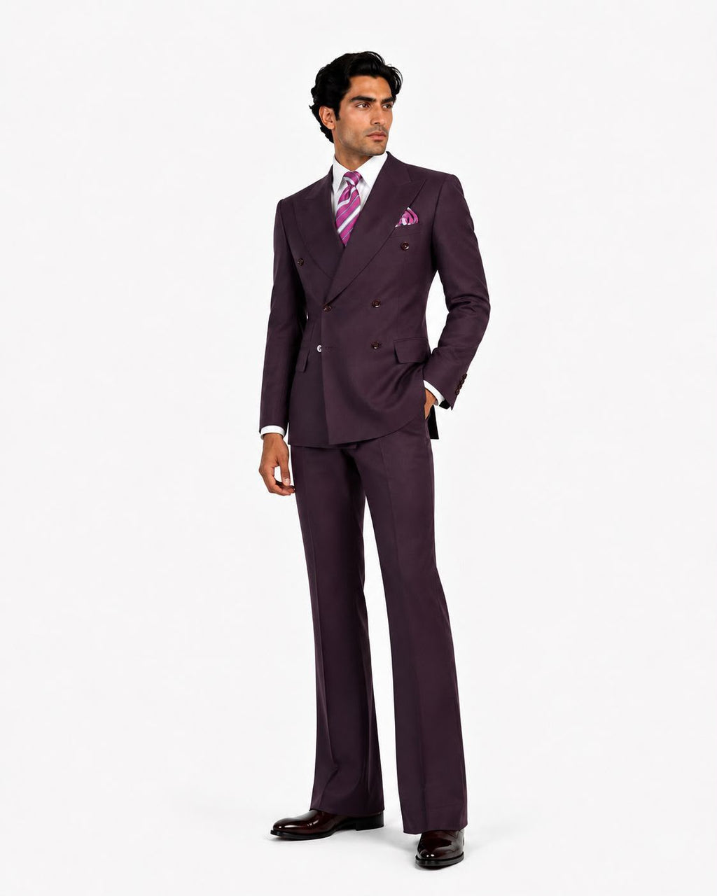 Men’s Luxury Double-Breasted Flared Suit Set – Blazer, Trousers, Tie & Pocket Square