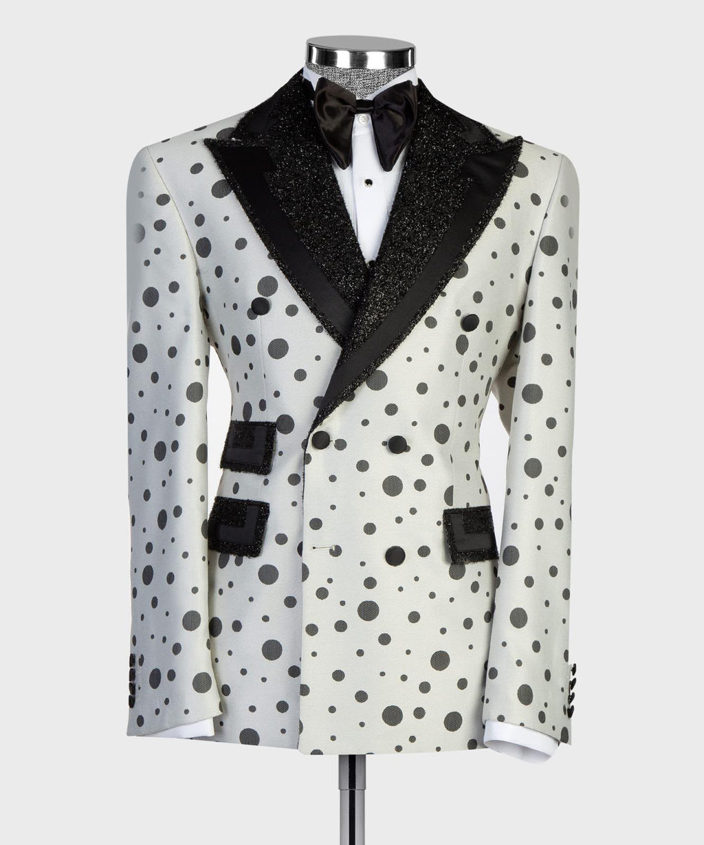 Men’s Luxury Polka Dot Tuxedo Suit Set – Blazer, Trousers & Bow Tie
