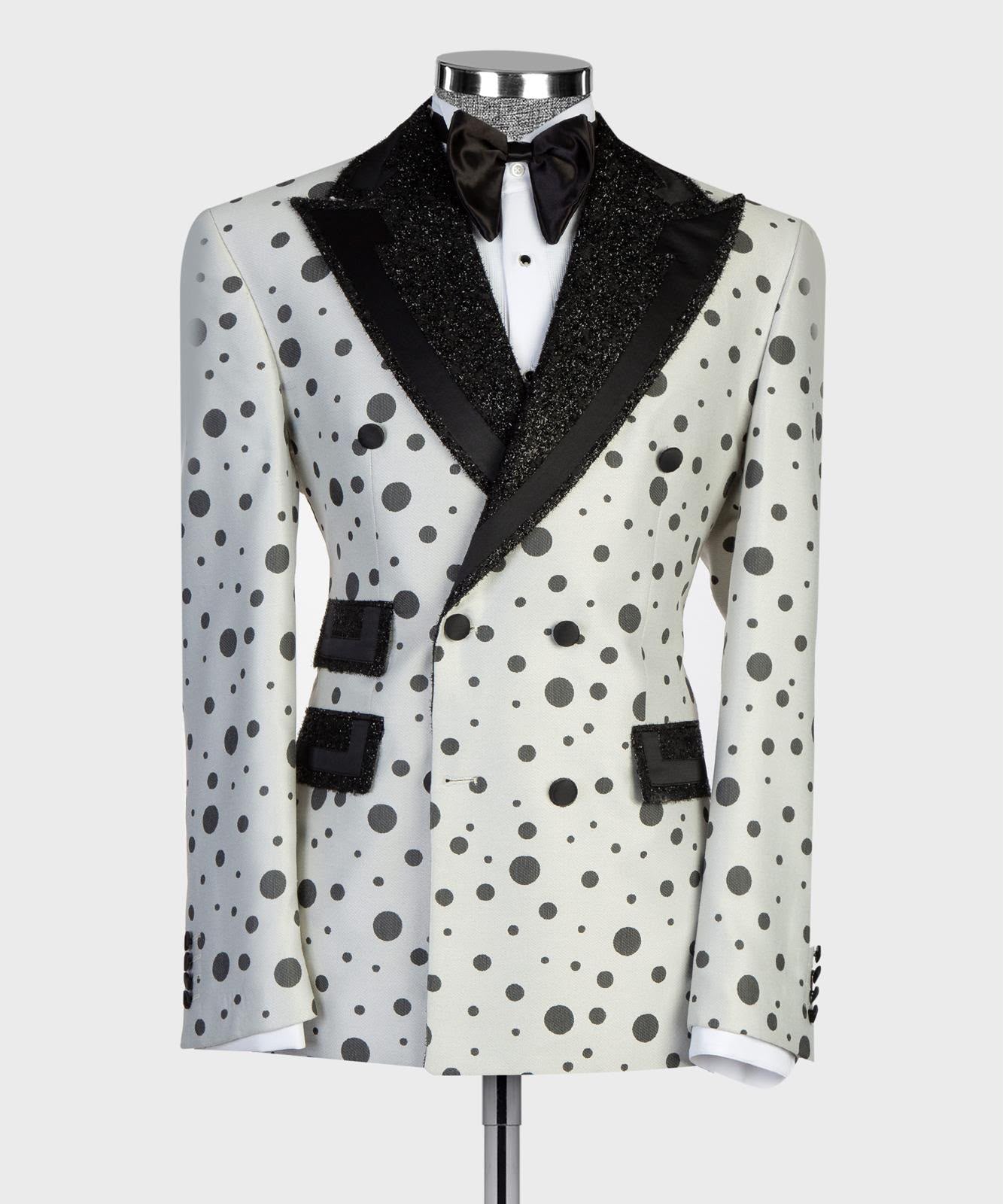 Men’s Luxury Polka Dot Tuxedo Suit Set – Blazer, Trousers & Bow Tie