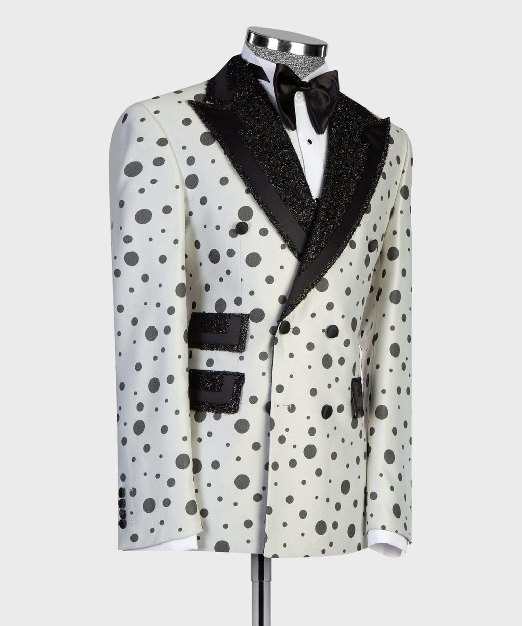 Men’s Luxury Polka Dot Tuxedo Suit Set – Blazer, Trousers & Bow Tie