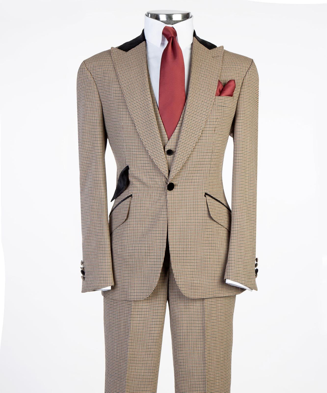 Men’s 3-Piece Camel &amp; Brown Houndstooth Suit – Tailored Formal Suit Set