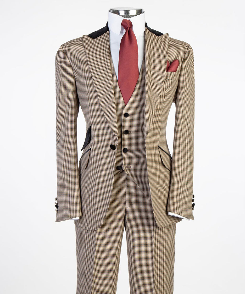 Men’s 3-Piece Camel &amp; Brown Houndstooth Suit – Tailored Formal Suit Set
