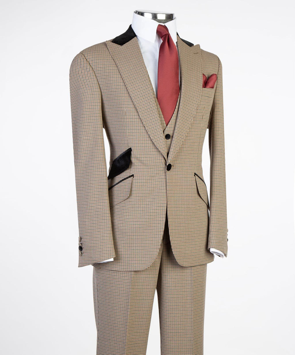 Men’s 3-Piece Camel &amp; Brown Houndstooth Suit – Tailored Formal Suit Set