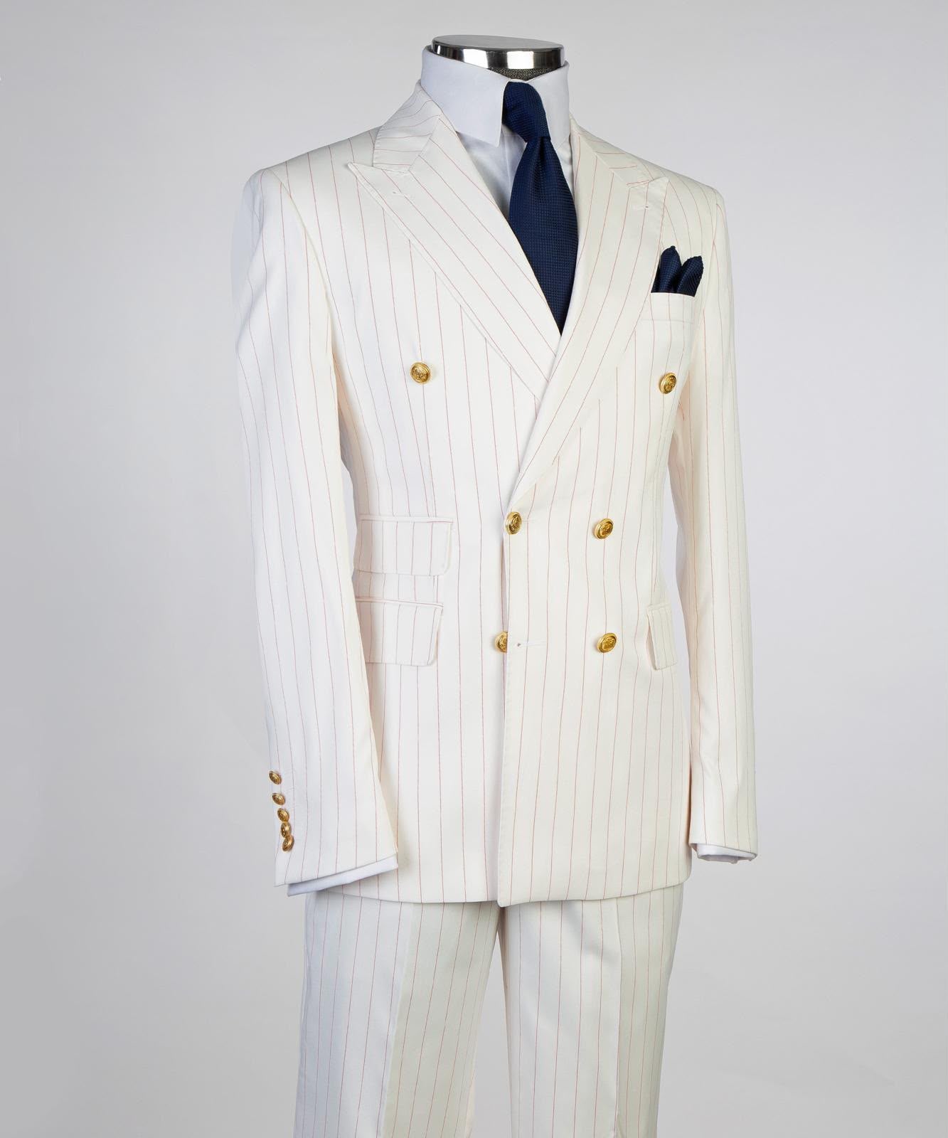 Men’s Luxury Ivory Pinstripe Double-Breasted Suit – Gold Button Formal Suit