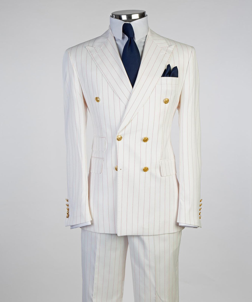 Men’s Luxury Ivory Pinstripe Double-Breasted Suit – Gold Button Formal Suit