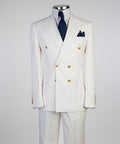 Men’s Luxury Ivory Pinstripe Double-Breasted Suit – Gold Button Formal Suit