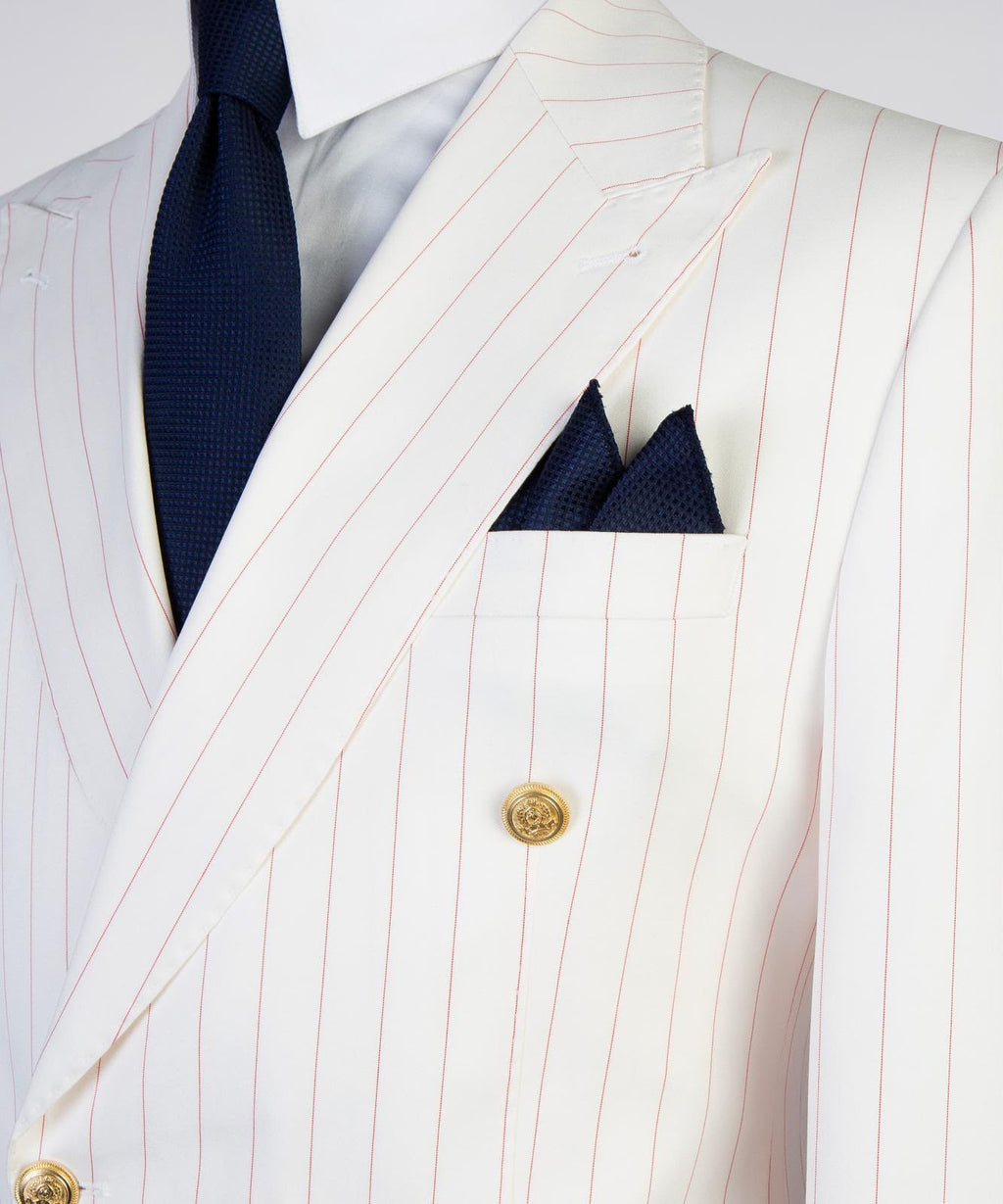 Men’s Luxury Ivory Pinstripe Double-Breasted Suit – Gold Button Formal Suit
