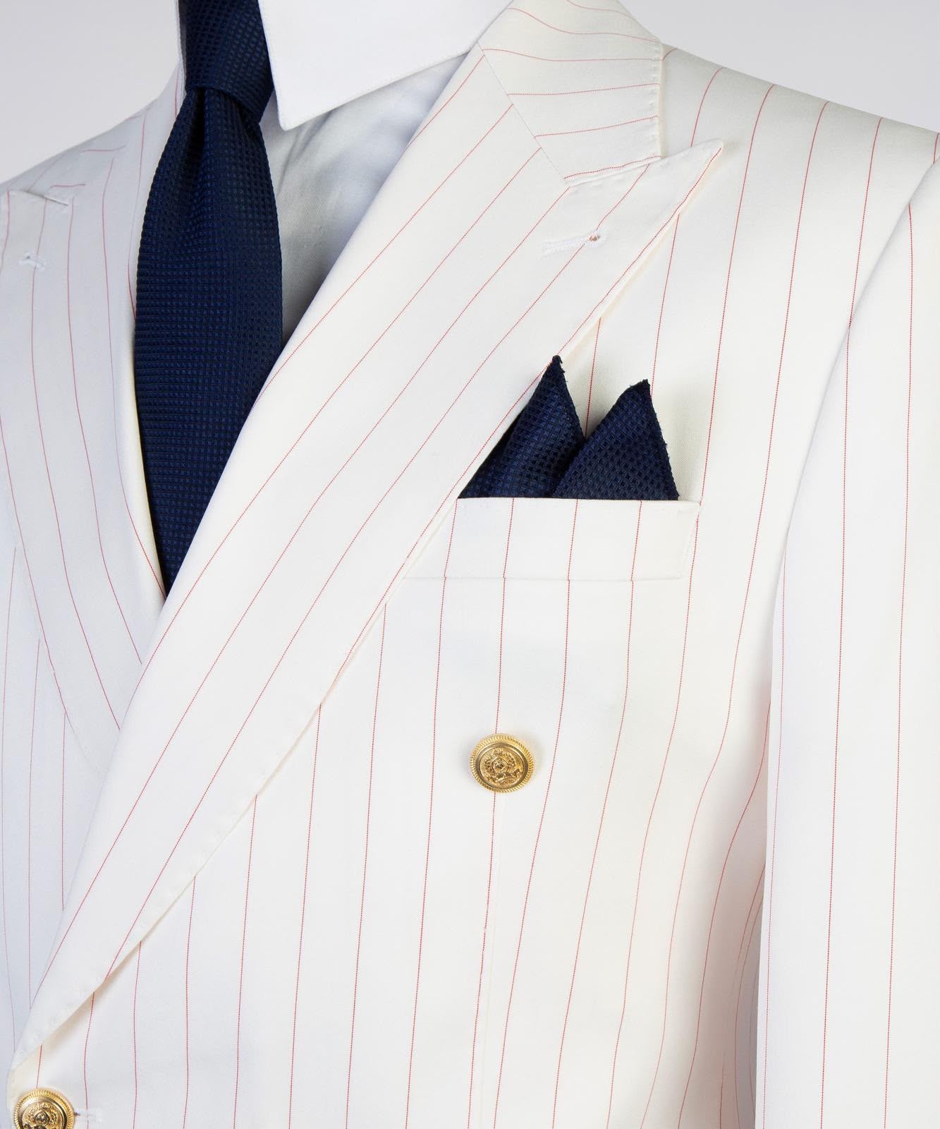 Men’s Luxury Ivory Pinstripe Double-Breasted Suit – Gold Button Formal Suit