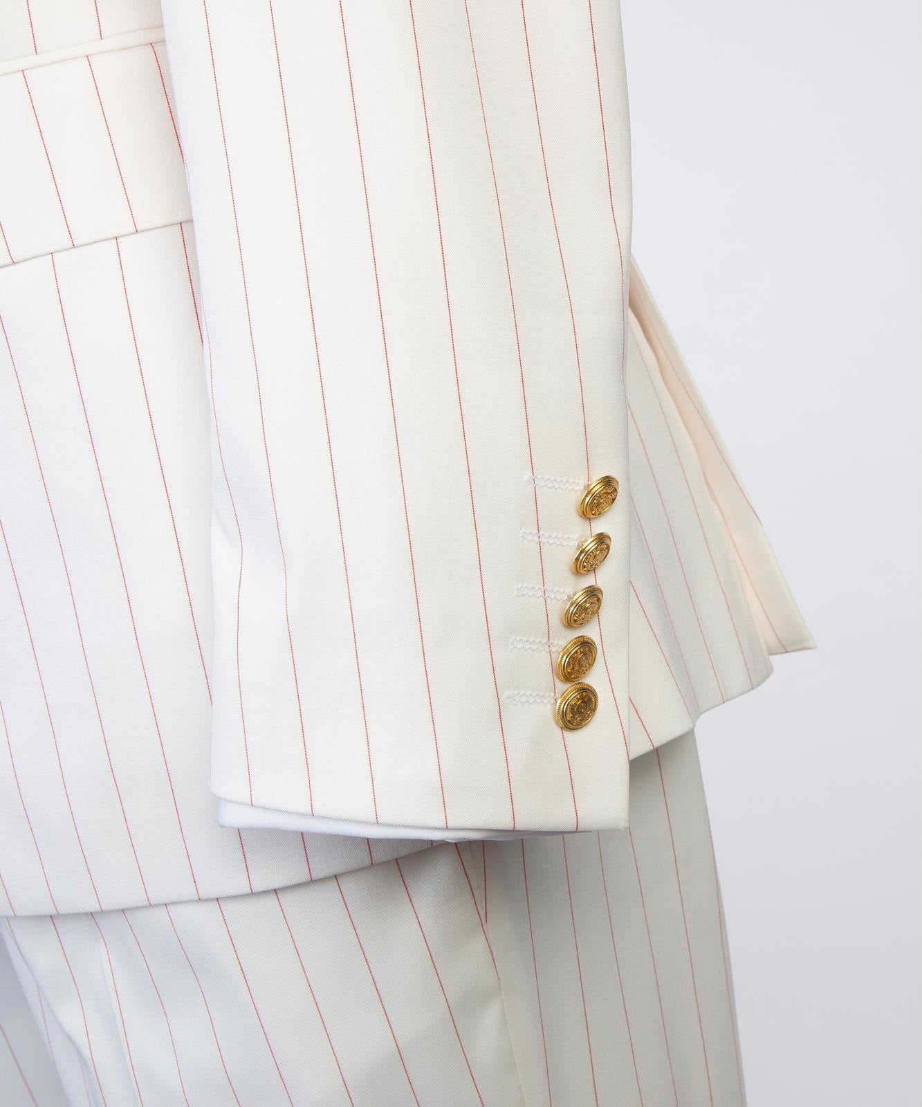 Men’s Luxury Ivory Pinstripe Double-Breasted Suit – Gold Button Formal Suit