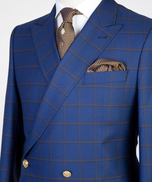 2 Piece Double Breasted Blue Check Suit