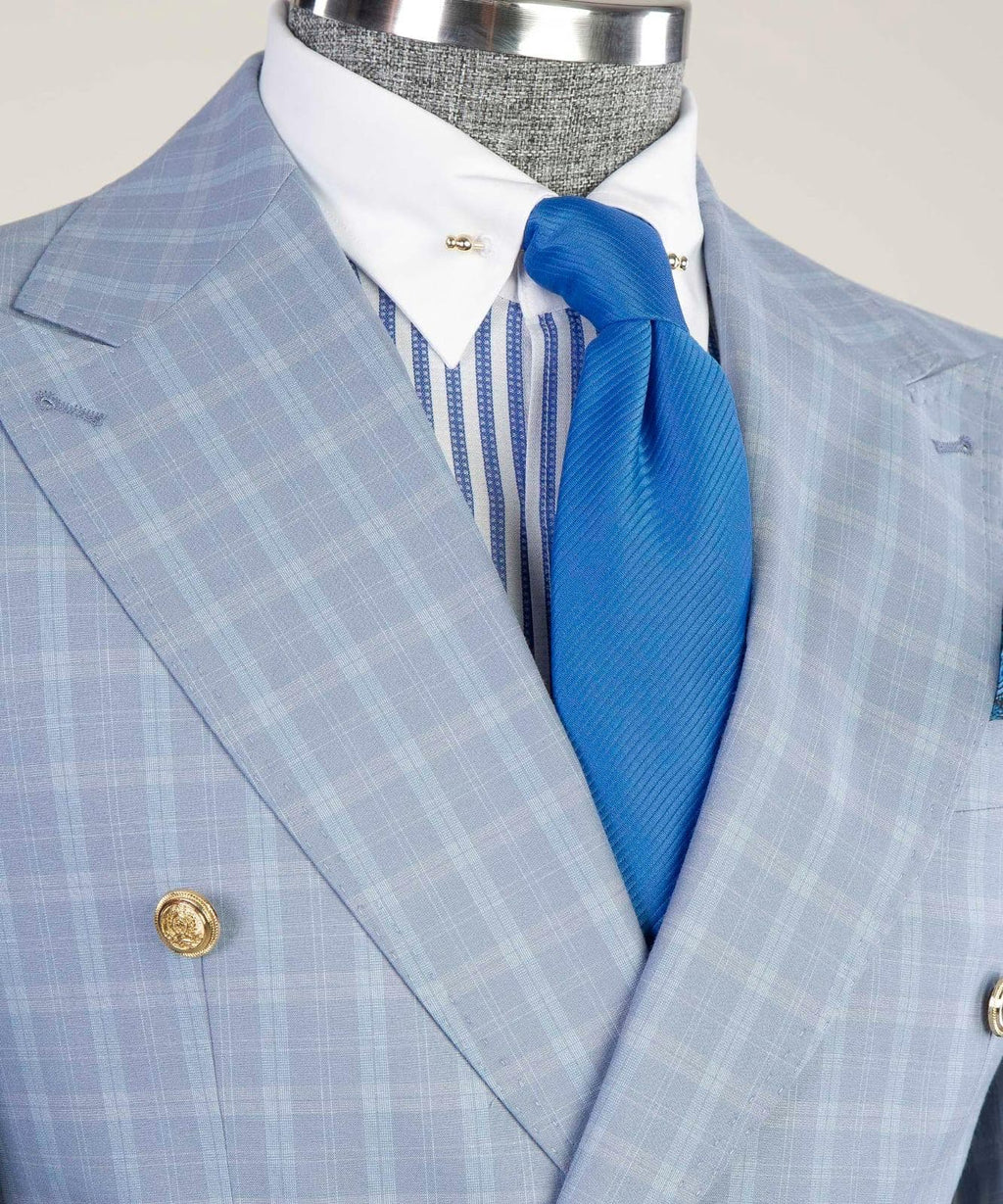 2 Piece Double Breasted Light Blue Check Suit