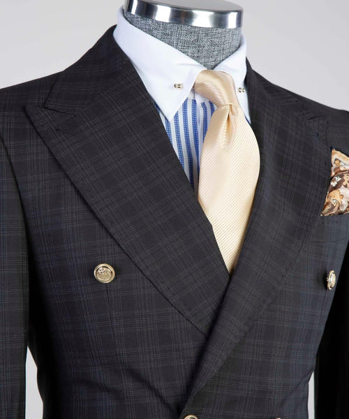 2 Piece Double Breasted Dark Grey Check Suit