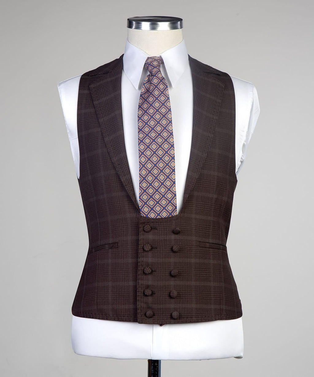 3 Piece Dark Brown Checked Suit