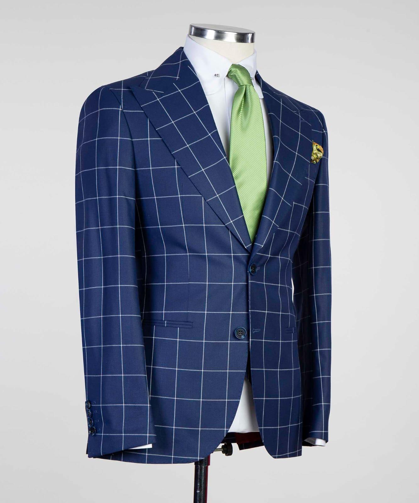 3 Piece Navy Blue Checked Suit