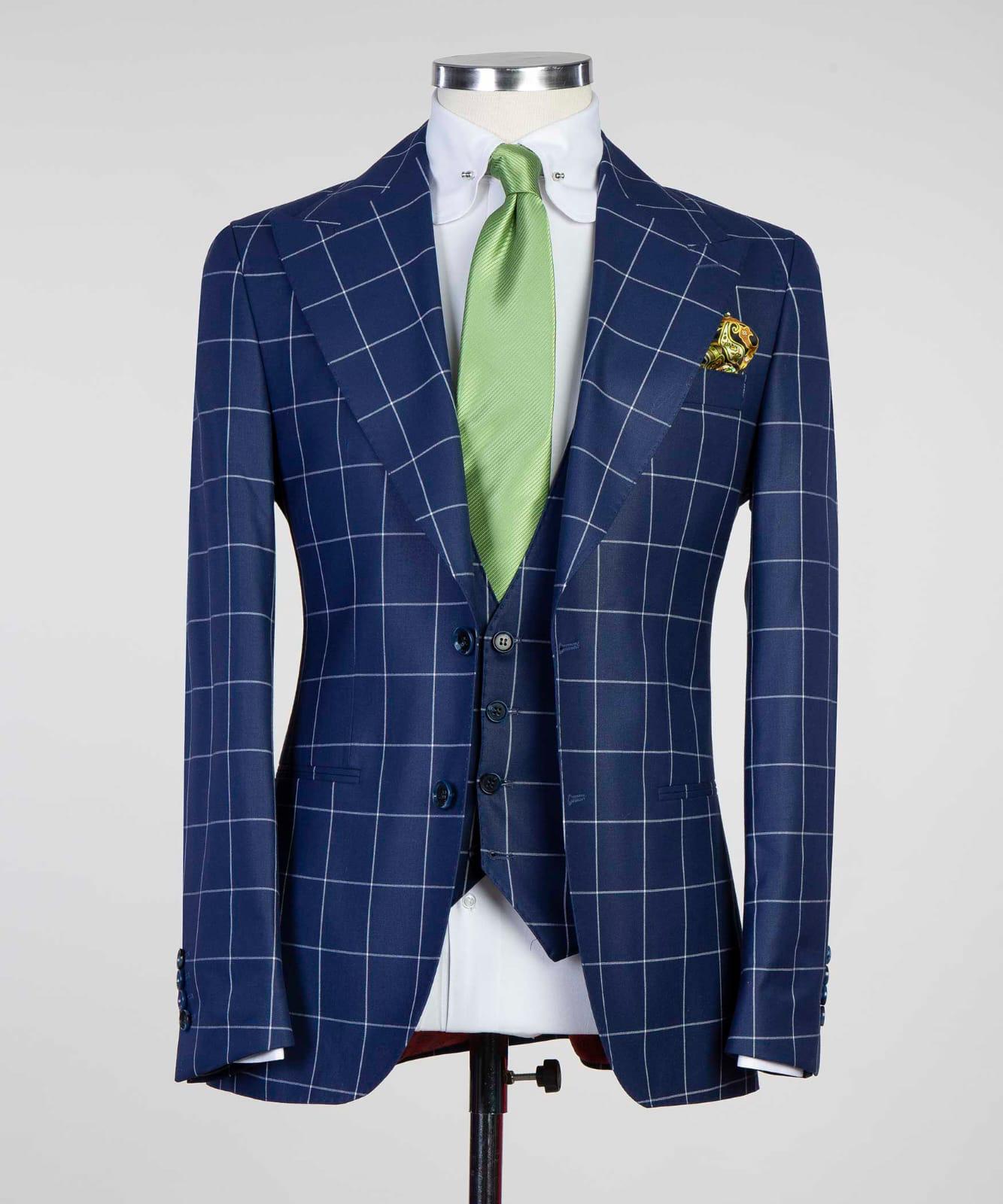 3 Piece Navy Blue Checked Suit