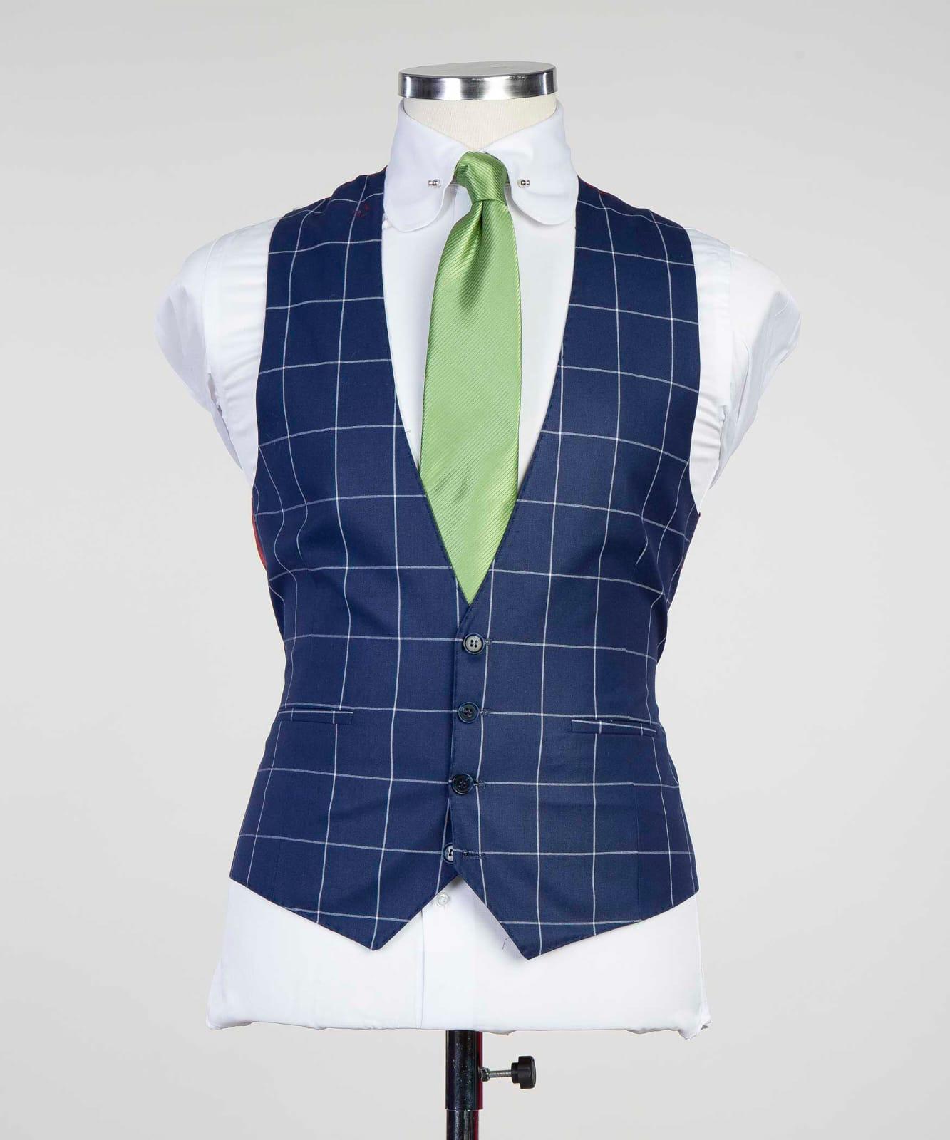 3 Piece Navy Blue Checked Suit