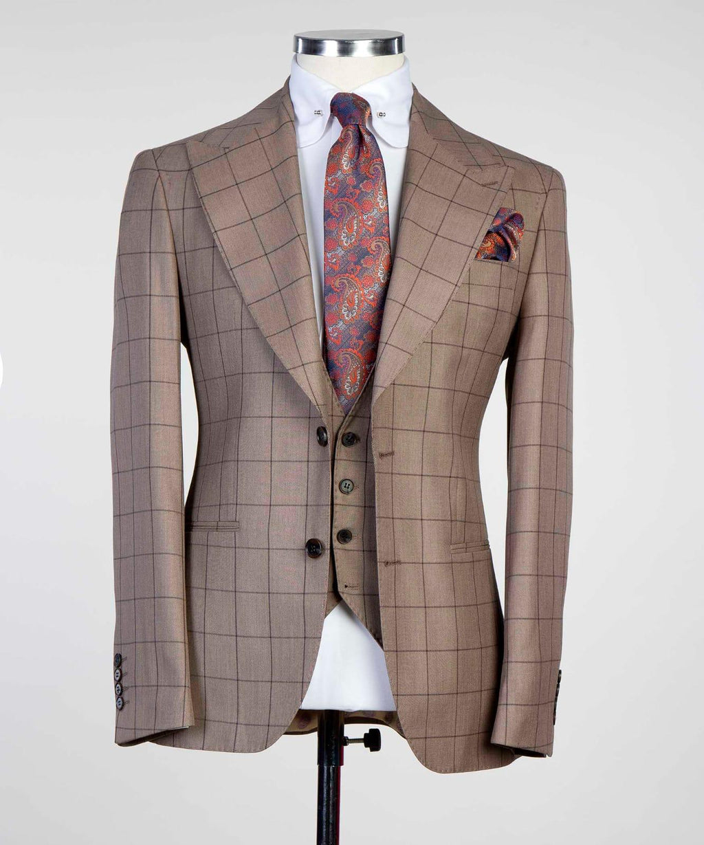 3 Piece Beige Checked Suit