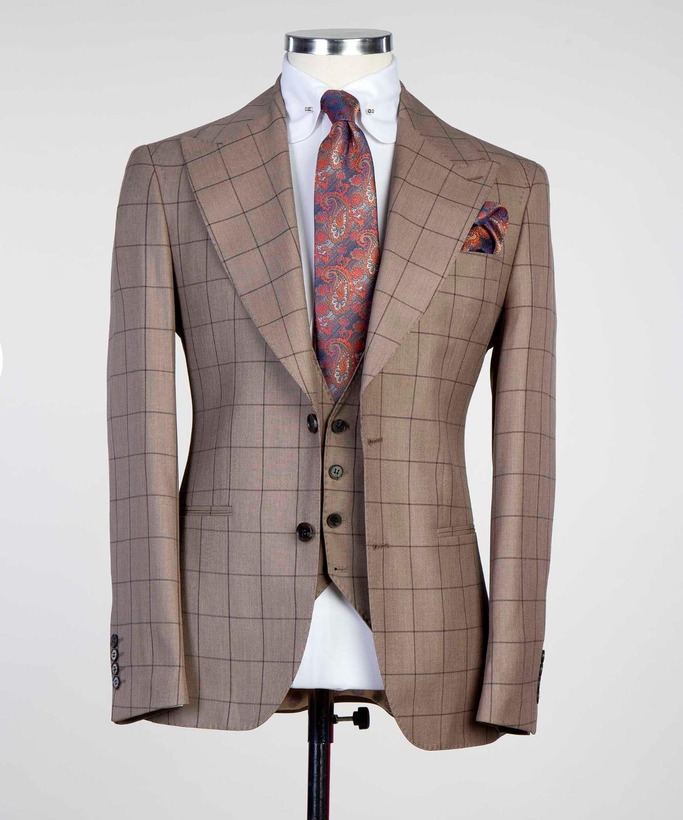 3 Piece Beige Checked Suit