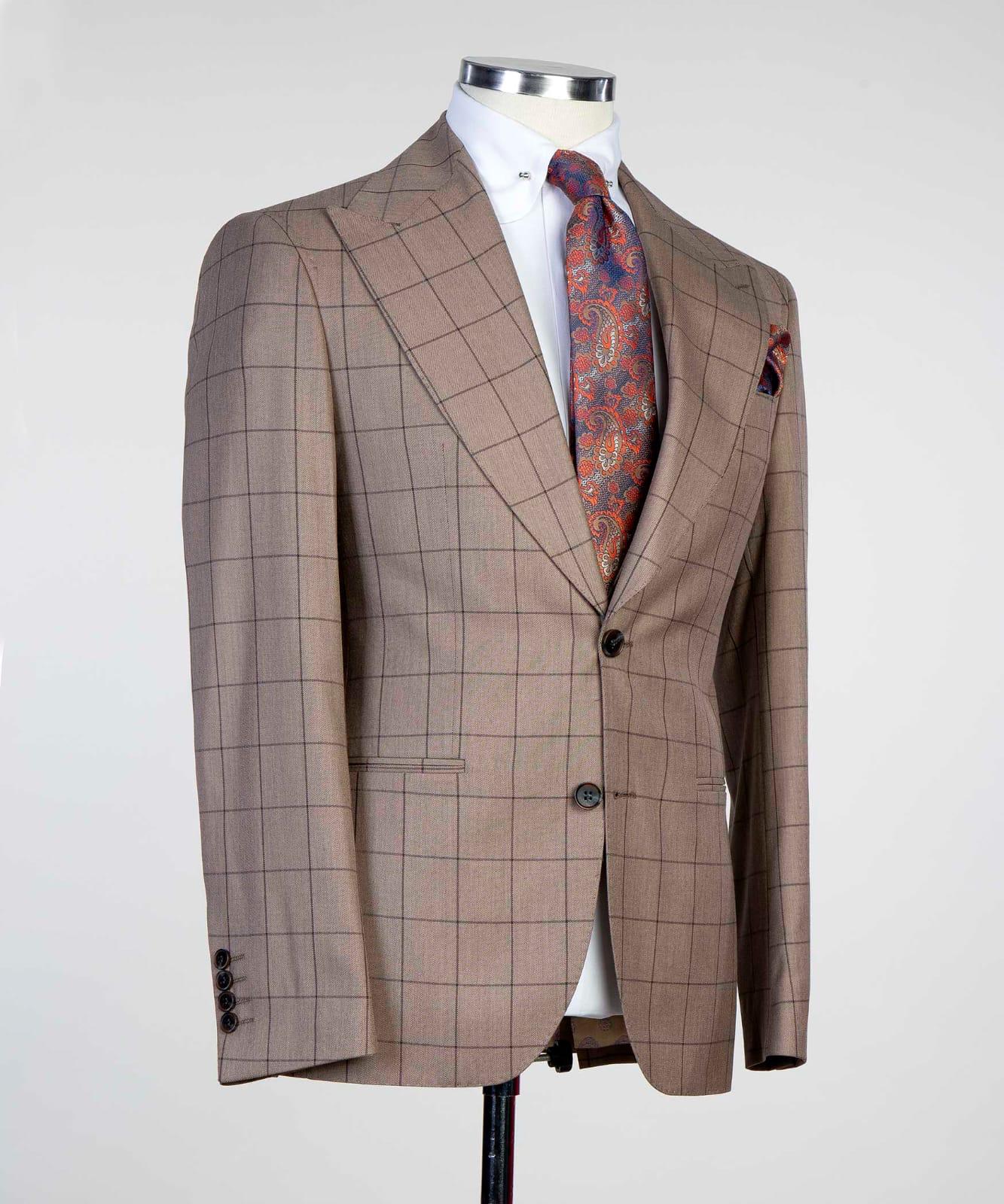 3 Piece Beige Checked Suit