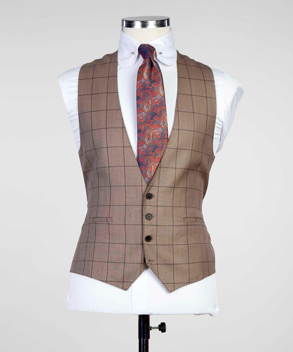 3 Piece Beige Checked Suit